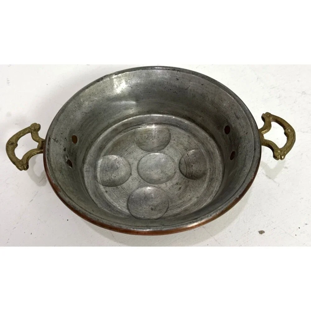 Antique French Copper Brass Handled Egg Poacher Escargot Pan 5 Hole
